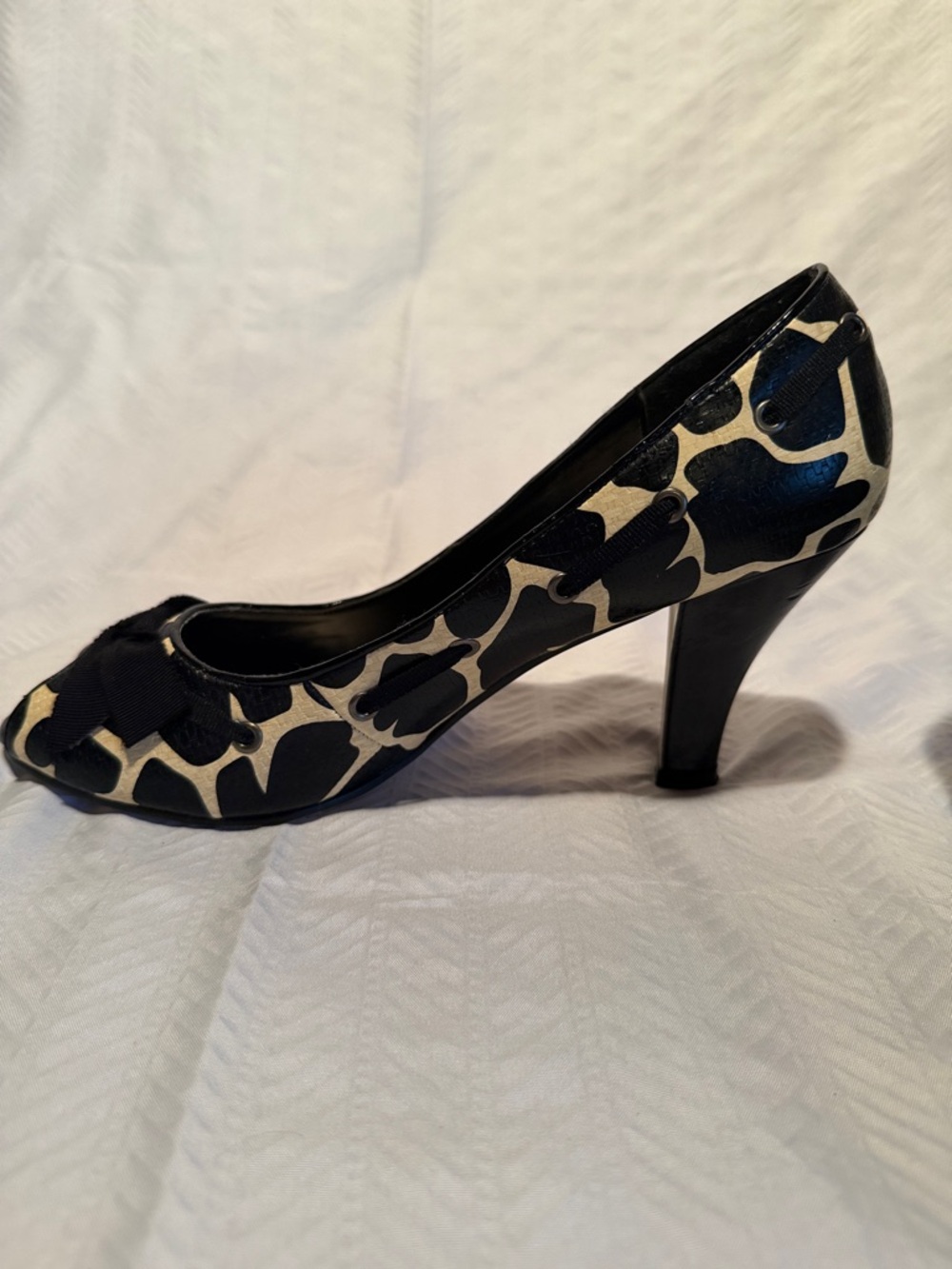 Madden Girl Black and Beige Peep-Toe Heels with Bow Accent - Picture 2 of 8